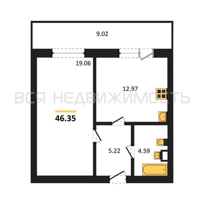 1-комнатная квартира, 46.35кв.м - изображение