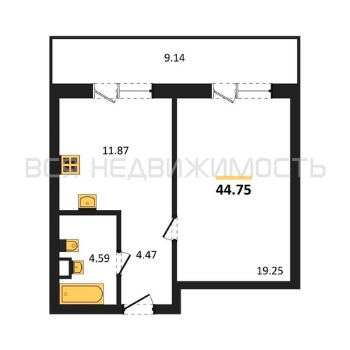 1-комнатная квартира, 44.75кв.м - изображение 0