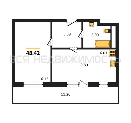 1-комнатная квартира, 48.42кв.м - изображение 0
