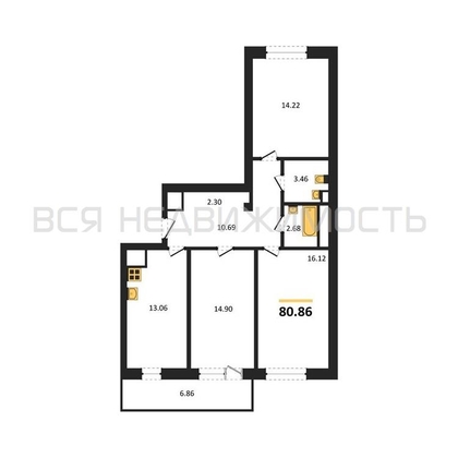 3-комнатная квартира, 80.86кв.м - изображение