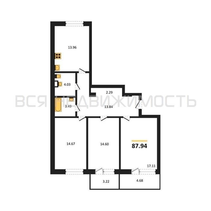 3-комнатная квартира, 87.94кв.м - изображение