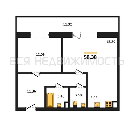 1-комнатная квартира, 58.38кв.м - изображение