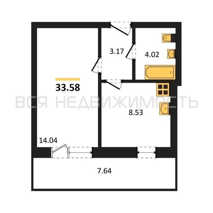 1-комнатная квартира, 33.58кв.м - изображение