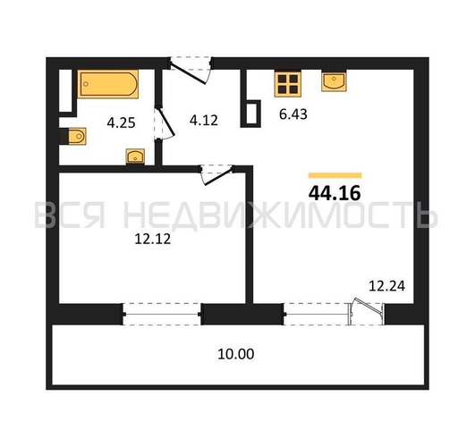 1-комнатная квартира, 44.16кв.м - изображение 0