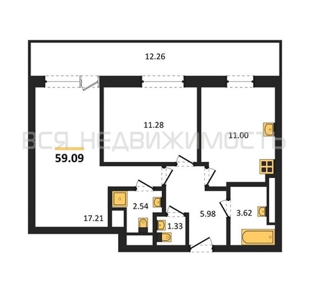 2-комнатная квартира, 59.09кв.м - изображение