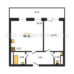 1-комнатная квартира, 49.31кв.м - изображение 1