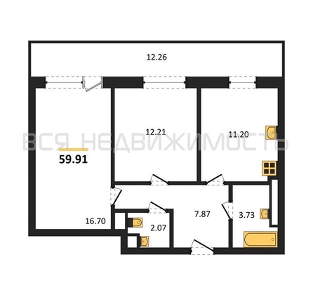 2-комнатная квартира, 59.91кв.м - изображение