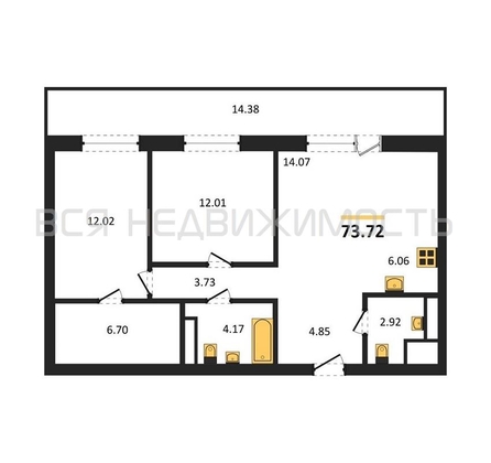 2-комнатная квартира, 73.72кв.м - изображение