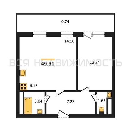 1-комнатная квартира, 49.31кв.м - изображение