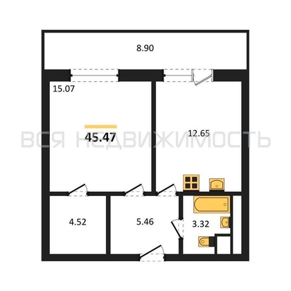 1-комнатная квартира, 45.47кв.м - изображение
