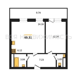 1-комнатная квартира, 49.31кв.м - изображение 1