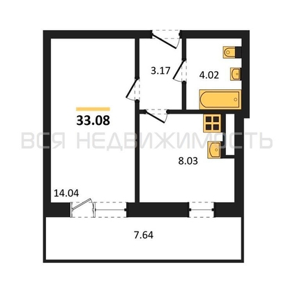 1-комнатная квартира, 33.08кв.м - изображение