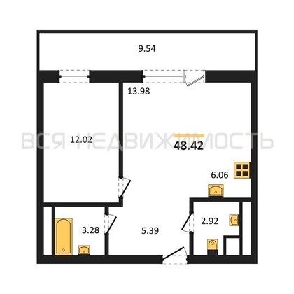 1-комнатная квартира, 48.42кв.м - изображение