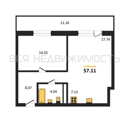 1-комнатная квартира, 57.11кв.м - изображение