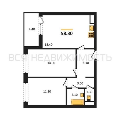 2-комнатная квартира, 58.3кв.м - изображение