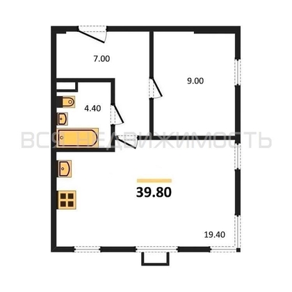 1-комнатная квартира, 39.8кв.м - изображение