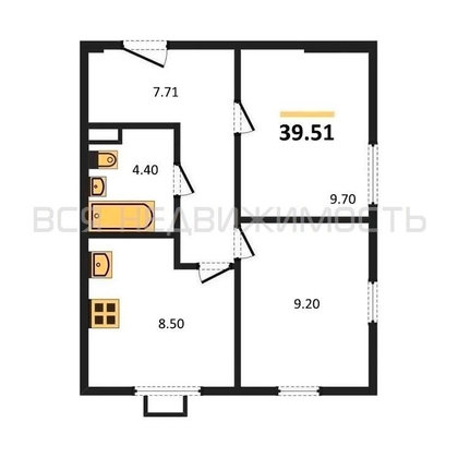 2-комнатная квартира, 39.51кв.м - изображение