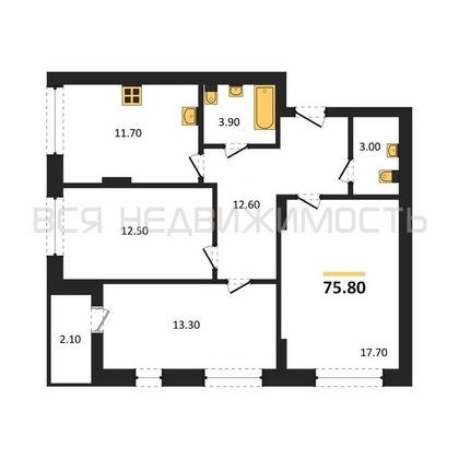 3-комнатная квартира, 75.8кв.м - изображение