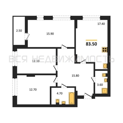 3-комнатная квартира, 83.5кв.м - изображение