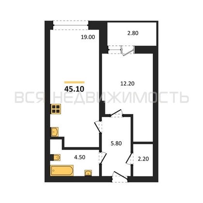 1-комнатная квартира, 45.1кв.м - изображение