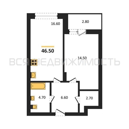 1-комнатная квартира, 46.5кв.м - изображение
