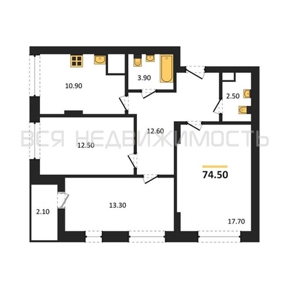 3-комнатная квартира, 74.5кв.м - изображение