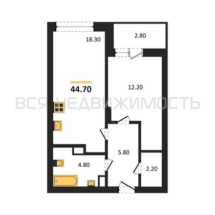 1-комнатная квартира, 44.7кв.м - изображение
