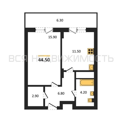 1-комнатная квартира, 44.5кв.м - изображение
