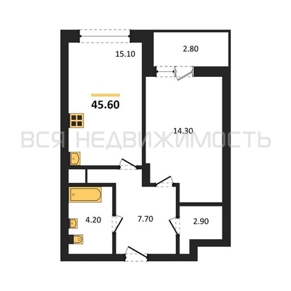1-комнатная квартира, 45.6кв.м - изображение