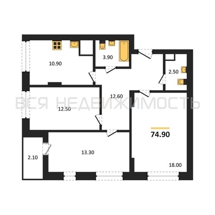3-комнатная квартира, 74.9кв.м - изображение