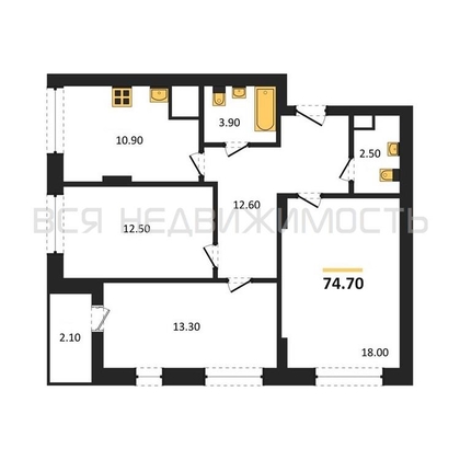 3-комнатная квартира, 74.7кв.м - изображение