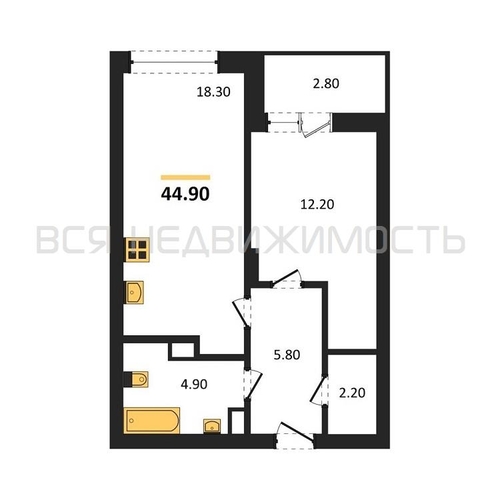 1-комнатная квартира, 44.9кв.м - изображение 0