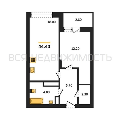 1-комнатная квартира, 44.4кв.м - изображение