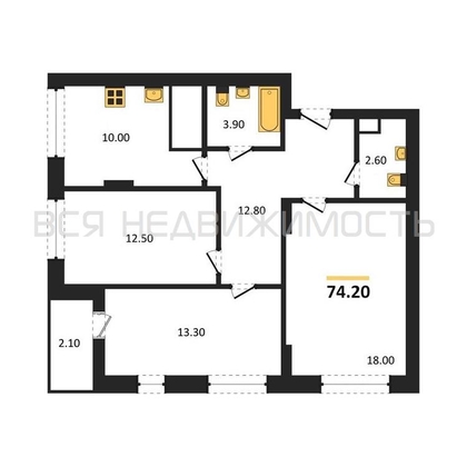 3-комнатная квартира, 74.2кв.м - изображение