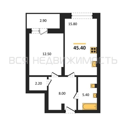 1-комнатная квартира, 45.4кв.м - изображение