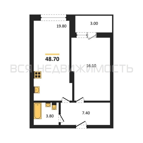1-комнатная квартира, 48.7кв.м - изображение 0