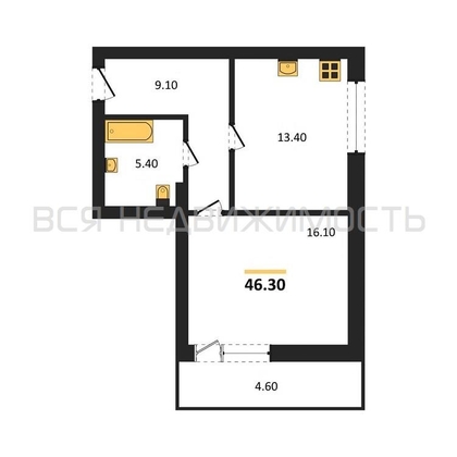 1-комнатная квартира, 46.3кв.м - изображение