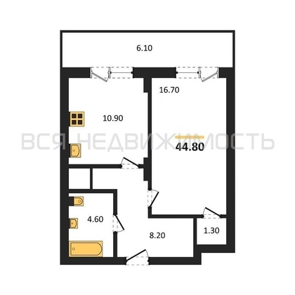 1-комнатная квартира, 44.8кв.м - изображение