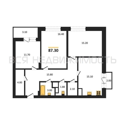 3-комнатная квартира, 87.3кв.м - изображение