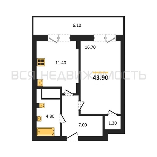 1-комнатная квартира, 43.9кв.м - изображение 0