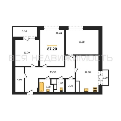 3-комнатная квартира, 87.2кв.м - изображение