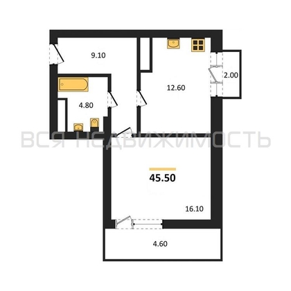 1-комнатная квартира, 45.5кв.м - изображение