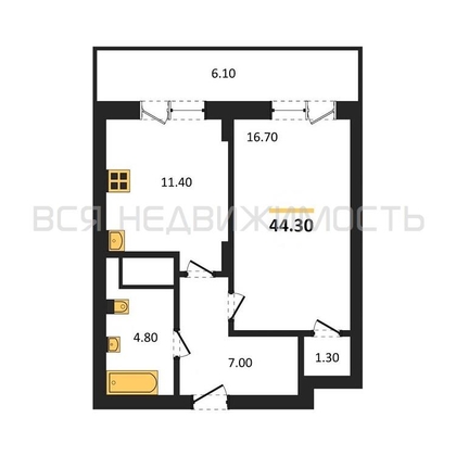 1-комнатная квартира, 44.3кв.м - изображение