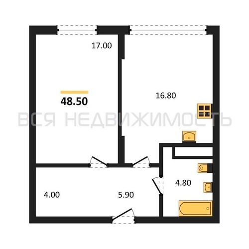 1-комнатная квартира, 48.5кв.м - изображение 0