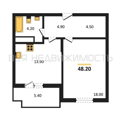 1-комнатная квартира, 48.2кв.м - изображение