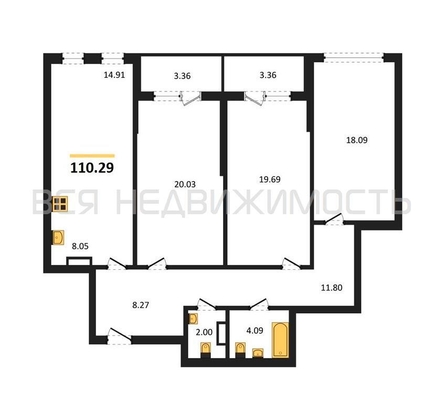3-комнатная квартира, 110.29кв.м - изображение