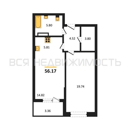 1-комнатная квартира, 56.17кв.м - изображение