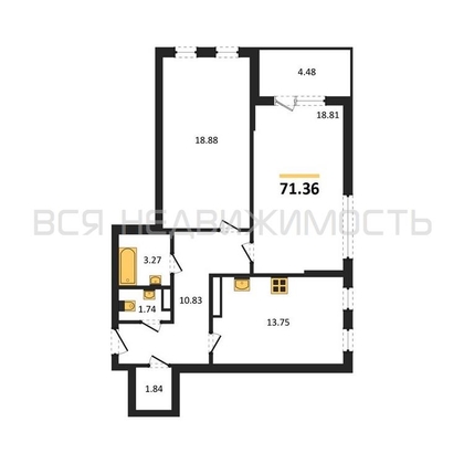 2-комнатная квартира, 71.36кв.м - изображение