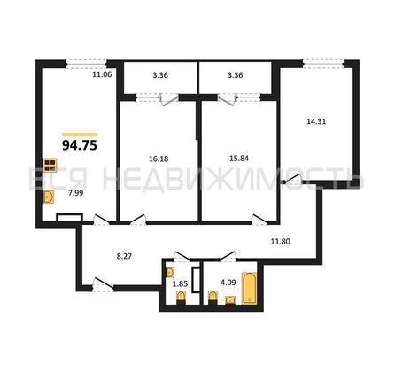 3-комнатная квартира, 94.75кв.м - изображение