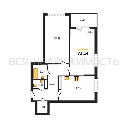 2-комнатная квартира, 71.14кв.м - изображение